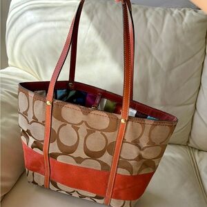 Coach Brown Signature Tote with Orange Accent